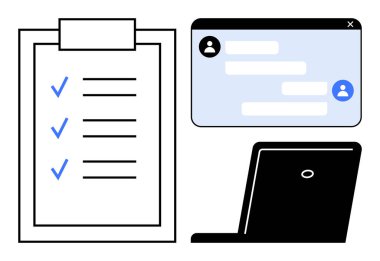 Mavi işaretli görev listesi, mesajlı sohbet penceresi ve takım çalışmasını, verimliliği ve iletişimi sembolize eden bir laptop. İşbirliği, planlama, yönetim, iş akışı için ideal