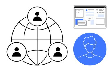 Küresel olarak bağlanmış kullanıcı simgeleri ağı, mavi daire içindeki kullanıcı profili, web arayüzü düzeni. Takım çalışması, dijital iletişim, ağ oluşturma, çevrimiçi profiller, işbirliği, uzak çalışma küresel için ideal
