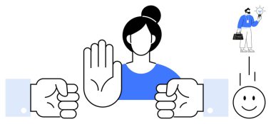 Kadın figürü, bir eli yumruklarla çevrili, bir yüzü ampulle çevrili ve gülümseyen bir yüzle hareketsiz duruyor. Çatışma çözümü, sınırlar, arabuluculuk, karar verme için ideal