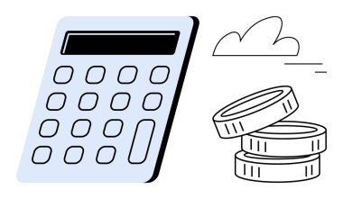 Hesap makinesi ile birlikte yığılmış paralar ve bir bulut, finans, bütçe, teknoloji, ekonomi, tasarruf, yatırım ve karlılığı ön plana çıkarıyor. Fintech muhasebe basit iniş sayfası için ideal