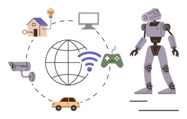 Akıllı ev, kamera, bilgisayar, araba, oyun teçhizatı ve küresel veriyi birbirine bağlayan robot ve noktalı ağ. Yapay zeka için ideal, IOT, yenilikçi otomasyon bağlantısı robotik dijital