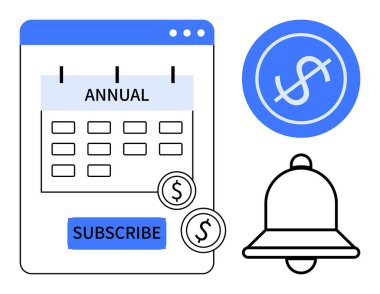 Altı çizili abonelik seçeneği, ödeme paraları, dolar sembolü ve uyarı zili olan yıllık takvim. Abonelik planları, fatura hatırlatmaları, mali planlama, e-ticaret, SaaS