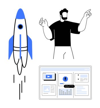 Roket fırlatma yenilikleri temsil eder, adam kavramları açıklar, ve ilerleyişi gösteren bir gösterge paneli. Ticari büyüme, girişimcilik, yenilik, sunumlar, dijital pazarlama için ideal