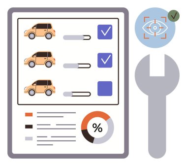 Araç teftiş listesi, ilerleme çubukları, çekler, çizelge ve ingiliz anahtarı. Araba servisi, bakım, takip süreci kalite kontrol güvenlik analizi ve planlama için ideal. Basit düz metafor