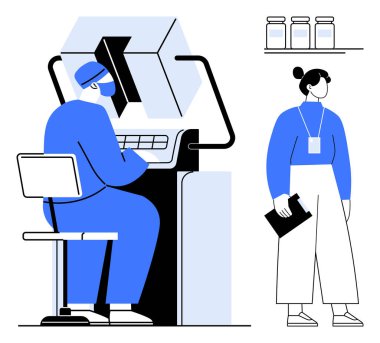 Veri ya da test için makine kullanan teknisyen, yakınlarda panosu olan bir kadın, kavanozlu raflar. Sağlık, teknoloji, tıbbi araştırma, tanı, analiz laboratuvarı takım çalışması için ideal. Basit.