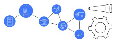 Fabrika, uçak, kamyon, depo, dünya, alışveriş arabası, dosya, büyüteç ve teçhizat ikonları. Lojistik planlama verimliliği dağıtım küresel ticaret stratejisi için ideal