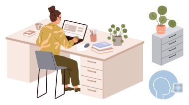 Bilgisayarda kitaplar, bitkiler ve ofis malzemeleriyle çalışan bir kadın verimliliği simgeliyor. Uzaktan çalışma, odaklanma, organizasyon, ev ofisi, iş-yaşam dengesi verimliliği için ideal