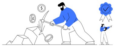 Kayalardan madeni para çıkarmak için kazma kullanan kişi, tablet tutan gözlemci, onaylama rozeti. Finansal başarı, kripto para birimi, madencilik, ekonomi, yatırım, sıkı çalışma sade iniş sayfası için ideal