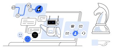 Laptop ekranındaki yapay zeka sohbet robotu mesajlar ve ifadelerle etkileşime geçiyor, verileri analiz ediyor ve müşteri desteğini kolaylaştırıyor. Teknoloji, müşteri yönetimi, otomasyon, geri bildirim, iletişim için ideal