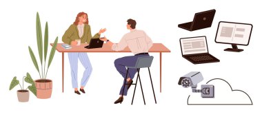 İki profesyonel bir masada dizüstü bilgisayarlarla sohbet ediyor, etrafı saksılarla çevrili. Yakınlarda, bilgisayarlar ve bulut bağlantılı CCTV kamera teknolojisi. İletişim ve işbirliği için ideal