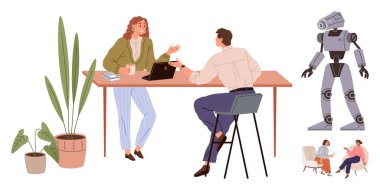 Kahve içerken tartışan iki meslektaş, dizüstü bilgisayarla meşgul olan, kapalı alan bitkileri, fütüristik bir robot ve dinlenen insanlar. Takım çalışması, teknoloji, yenilik, işbirliği iş-yaşam dengesi için ideal