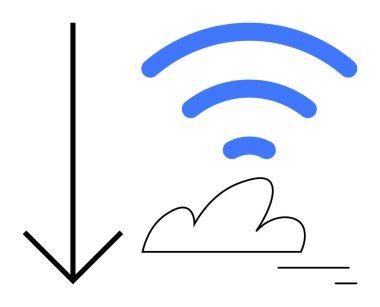 Aşağı doğru ok, bulut çizgisi ve mavi kablosuz sinyal çizgileri indirme, depolama ve bağlantıyı temsil ediyor. Bulut teknolojisi, veri transferi, depolama sistemleri, kablosuz dijital erişim için ideal