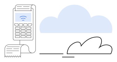 Kablosuz ödeme terminali baskı makbuzu, bir bulut ağına bağlı. Fintech, perakende yenilik, veri senkronizasyonu, modern iş, mobil işlemler, bulut depolama, basit düz