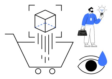 Alışveriş arabası 3 boyutlu bir küp alıyor, iş adamı elinde bir ampul ve gözyaşı sembolü olan bir göz tutuyor. E-ticaret, yenilik, yaratıcılık, iş dünyası, teknoloji, pazarlama sorun çözme için ideal