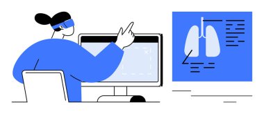 Tıbbi uzman, akciğer diyagramını ve verileri ekranda gözden geçiriyor. Tanısal görsellerde işaret ediyor. Sağlık, teletıp, tıp eğitimi, tanı, teknoloji, bilim, eğitim için ideal