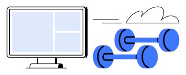 Uçan iki dambıl ve bir bulutun yanında dijital arayüzlü ekran. Çevrimiçi koçluk, fitness uygulamaları, dijital sağlık, uzak egzersizler, motivasyon, aktif yaşam tarzı, basit düz metafor için ideal