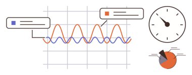 Veri noktalarıyla dalga biçimi ve ızgara grafiği, zaman izleme gösteren saat, segmentasyon analizi için pasta grafiği. Araştırma, analitik, strateji, zaman çizelgesi, raporlama, metrik sunum için ideal