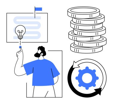 Ampul, spiral yol, döngü içinde vites ve istiflenmiş paralar ile yaratıcılığı bireysel olarak keşfetmek. Yenilik, strateji, finans, üretkenlik, iş akışı sorun çözme ve karar verme için ideal