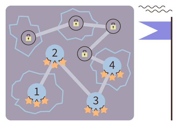 Карта с пронумерованными узлами, звёздами за достижения, замками на недостижимых целях, пересекающимися путями, индикатором флага. Идеально подходит для gamification, планирования, цели, вехи прогресса отслеживания награды