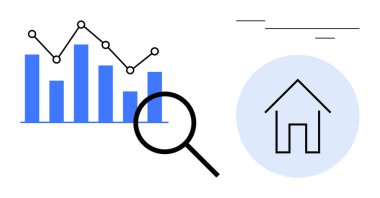 Büyüteçle çizelge ve çizgi grafiği veri analizini temsil ediyor. Mavi çemberin içindeki ev simgesi gayrimenkul simgesidir. İstatistik, konut, araştırma, eğilimler, karar verme mekanizması için ideal