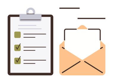 Üzerinde bir mektup olan açık bir zarfın yanında listelenmiş pano. Üretkenlik, organizasyon, görev yönetimi, iletişim, yazışmalar, iş akışı, planlama için idealdir. Basit düz