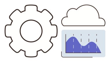 Dişlileri sembolize eden işlemler, depolama için bulut simgesi ve veri eğilimleri için grafik analizleri. Teknoloji, bulut hesaplama, veri yönetimi, otomasyon, analiz, yenilik için ideal basit düz