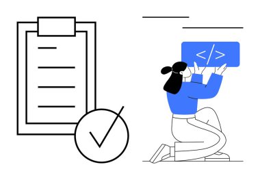 HTML parantezleri ve işaretli kontrol listesi olan bir kod parçası tutan kadın geliştirici. Kodlama, programlama, görev yönetimi, proje planlaması, web tasarımı, geliştirme, üretkenlik için ideal