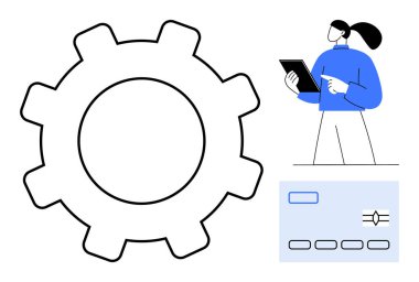 Büyük bir vites ve sistem kontrol arayüzünün yanında tablet tutan kadın. Teknoloji, geliştirme, yenilik, dijital araçlar, uygulama tasarımı, iş akışı optimizasyonu ve basit iniş sayfası için ideal