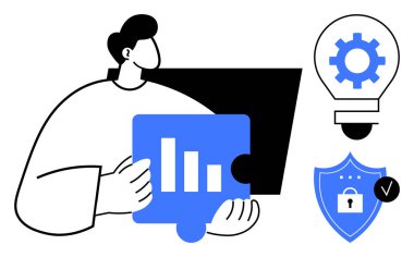 Yapboz parçasının yanında bar çizelgesi olan biri var. Ampulün yanında ekipman ve koruyucu kalkan da var. Yenilik, güvenlik, takım çalışması, problem çözme, veri analizi, strateji üretkenliği için ideal. Basit.