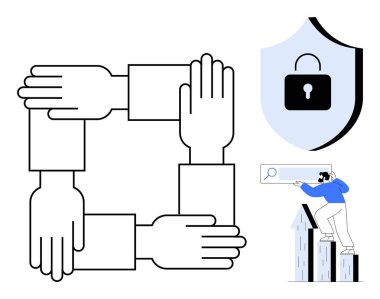 Birbirine kenetlenmiş eller takım çalışmasını, güvenlik kilidi olan bir kalkanı ve çevrimiçi veri arayan birini sembolize ediyor. Takım çalışması, güven, koruma, arama, yönetim, yenilik için ideal basit bir daire