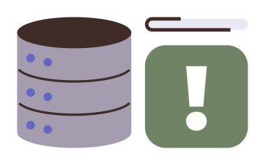 Bilgilendirme çubuğu ve ünlem işareti sembollü veri tabanı yığını uyarı sinyali veriyor. Teknoloji, veri yönetimi, bilişim güvenliği, sorun giderme, hata raporlama, yazılım uyarısı için ideal