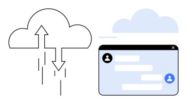Oklu bulut kullanıcı simgeleri ve mesaj baloncuklarıyla sohbet arayüzü yanında veri alışverişini sembolize ediyor. Bulut depolama, mesajlaşma, senkronizasyon, veri alışverişi, takım çalışması, dijital