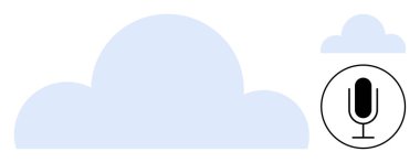 Büyük bulut, küçük bulut ve mikrofon ikonuyla çevrili daire bulut depolama, ses kaydı ve dijital bağlantıyı gösteriyor. Teknoloji, iletişim, veri depolama, podcast sesi için ideal