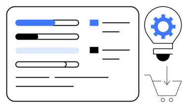 Kontrol listesi ögelerinin yanında ilerleme çubukları ve el arabasının üzerindeki dişli ampulü optimizasyonu, iş akışını, otomasyonu gösteriyor. Üretkenlik, yenilik, e-ticaret, işletme yönetimi ve planlama için ideal