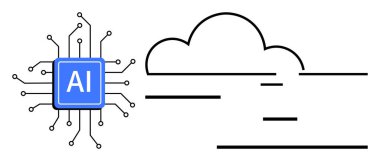 Bir bulut anahatına bağlı devre bağlantıları olan yapay zeka işlemci çipi. Teknoloji, veri, yenilik, yapay zeka, sinirsel ağlar, otomasyon, bulut hesaplama, basit iniş sayfası için ideal