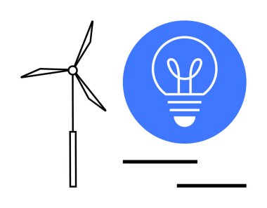 Rüzgar türbini silueti, mavi dairenin içindeki ampul yenilenebilir enerji ve yeniliği simgeliyor. Sürdürülebilirlik, temiz enerji, teknoloji, eğitim, yenilik ve çevre dostu projeler için ideal