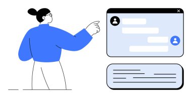 Profil simgeleriyle, diyalog baloncuklarıyla ve metinlerle mesajlaşma arayüzünü gösteren kişi. İletişim için ideal, çevrimiçi sohbet, takım çalışması, UX tasarımı, sosyal medya, teknoloji hizmetleri basit iniş sayfası