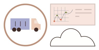 Teslimat kamyonu, trendli veri tablosu ve lojistik yönetimi, veri takibi, bulut depolaması. Tedarik zinciri, ulaşım, analitik, e-ticaret bağlantısı için ideal