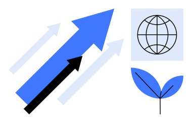 Yukarı doğru çıkan kalın oklar, dünya çizgisi ve filizlenen yaprak büyümeyi, küresel erişimi, sürdürülebilirliği ve ilerlemeyi temsil eder. İş için ideal, çevre dostu planlama, yenilikçi takım çalışması yönü