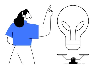 Ölçek yaratıcılık ve mantık arasındaki dengeyi belirtirken bir kadın büyük ampulü işaret ediyor. Yenilik, karar verme, eğitim, denge, strateji, takım çalışması, problem çözme için idealdir. Basit.