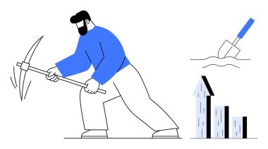 Adam kazma sallıyor, yere kürek saplanmış, ok şeklinde bar çizelgesi büyüdüğünü gösteriyor. Yatırım için ideal, finansal büyüme, madencilik, kaynak yönetimi, ilerleme, sıkı çalışma sade iniş sayfası