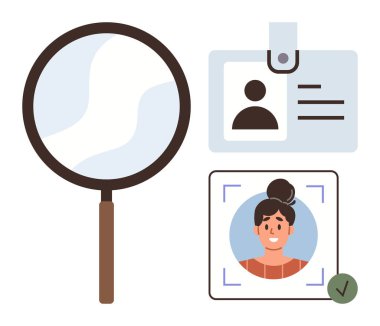 Kimlik kartının yanında büyüteç ve karede işaretli profil fotoğrafı. Kimlik doğrulama, işe alım, geçmiş kontrolü, güvenlik, kimlik doğrulama, mahremiyet, basit daire