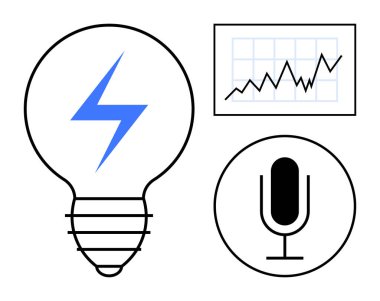 Mavi yıldırım sembollü ampul, mikrofon ve yükselen grafiği yaratıcılığı, teknolojiyi ve ilerlemeyi simgeler. Yenilik, iş büyümesi, teknoloji ve iletişim sunumu için ideal