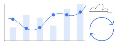 İlerleme ve eğilimleri birleştiren çizgi grafiği, döngüyü veya yinelemeyi öneren çift dairesel oklar, küçük bulut. Veri analizi, ilerleme, büyüme, iş dünyası, takım çalışması ve planlama stratejisi için ideal