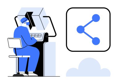 Masada oturan, bilgisayar kullanan bir adam, paylaşım ikonu ve bulut grafiğinin yanında. Teknoloji için ideal, uzaktan çalışma, veri paylaşımı, sosyal medya, ağ oluşturma, bulut depolama basit iniş sayfası