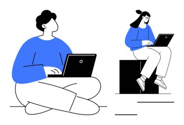 İki kişi dizüstü bilgisayar kullanıyor, biri bacak bacak üstüne atmış, diğeri tünemiş. Takım çalışması, teknoloji, uzaktan çalışma, çevrimiçi öğrenme, iletişim işbirliği minimalizmi için ideal. Basit düz metafor