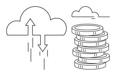Bulut ve bozuk para yığınının yanında aşağı yukarı oklar. Veri depolama, bulut hesaplama, dijital finans, çevrimiçi işlem, yatırım, fintech, küresel ekonomi için ideal. Basit düz metafor
