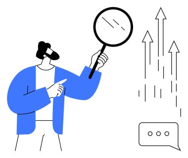 Büyüteçle incelerken yukarı bakan okları ve konuşma baloncuğunu gösterir. Araştırma, büyüme, ilerleme, iletişim, analiz, yenilik ve strateji için ideal. Basit düz metafor