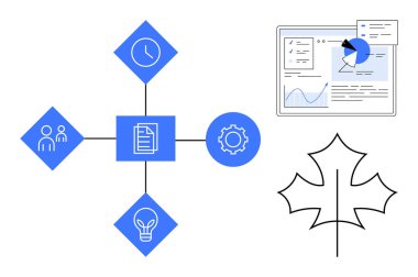Takım çalışması, zaman, fikirler, bir dişliye bağlı belge, analitik gösterge paneli ve yaprak taslağı için mavi simgeler birleştirildi. Veri analizi, proje yönetimi, süreç akış organizasyonu planlaması için ideal