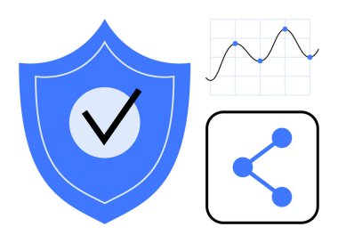 İşaretli mavi kalkan, veri grafiği ve paylaşım simgesi güvenlik, analiz ve bağlantıyı vurguluyor. Siber güvenlik, veri paylaşımı, analiz, teknoloji koruma ağı için ideal